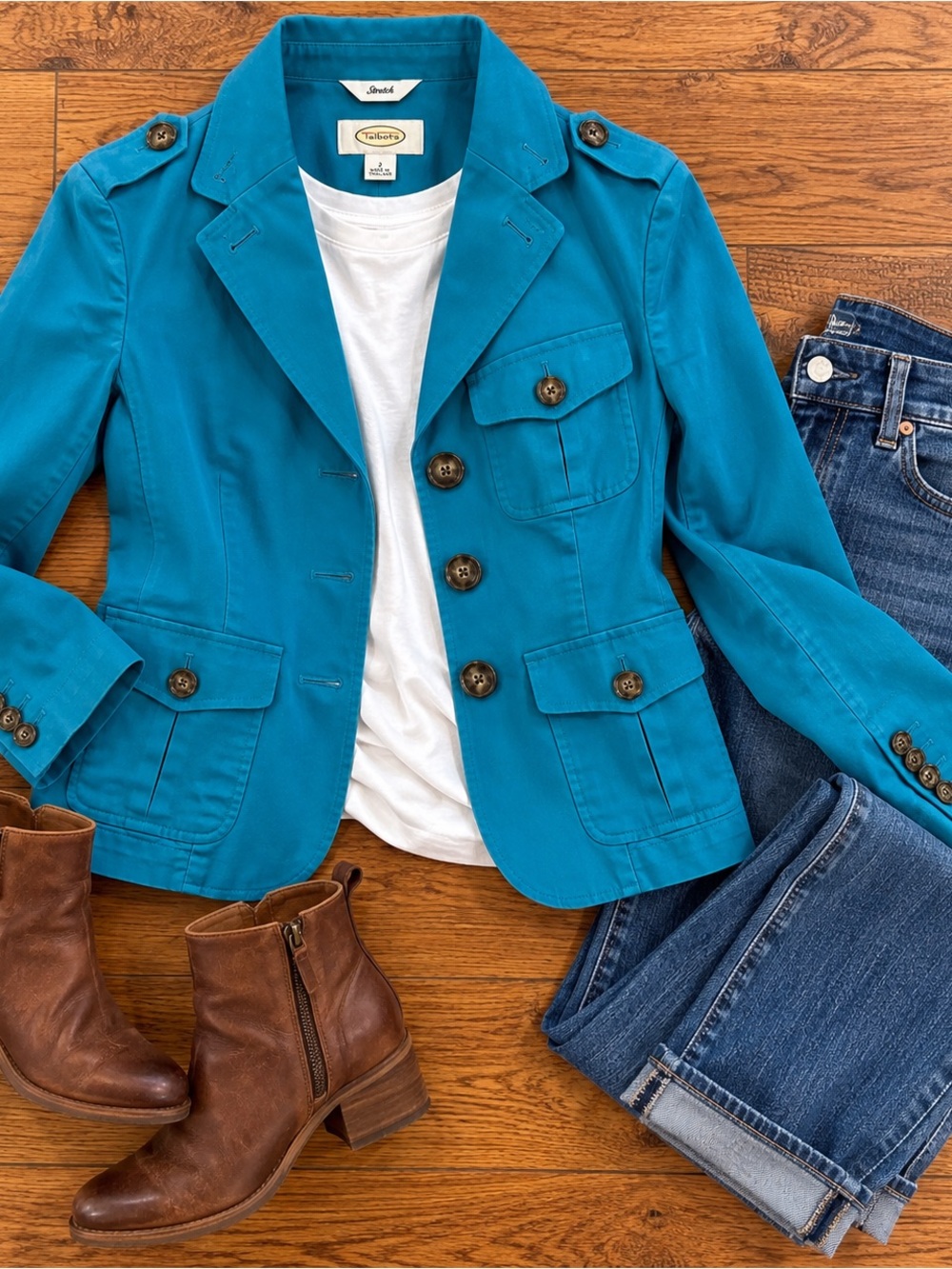 Talbots Stretch Turquoise Blue Safari Utility Blazer Jacket Size 2